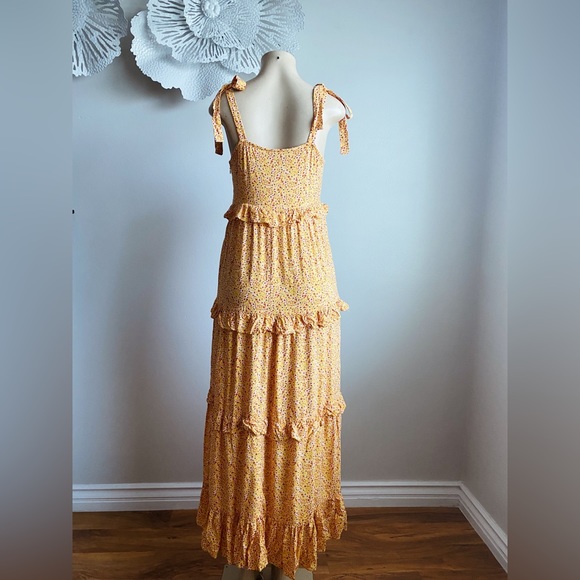 Ivy Street Floral Ditsy Print Yellow Tiered Maxi Dress Bow Tie Square Neck Flowy - Picture 3 of 11